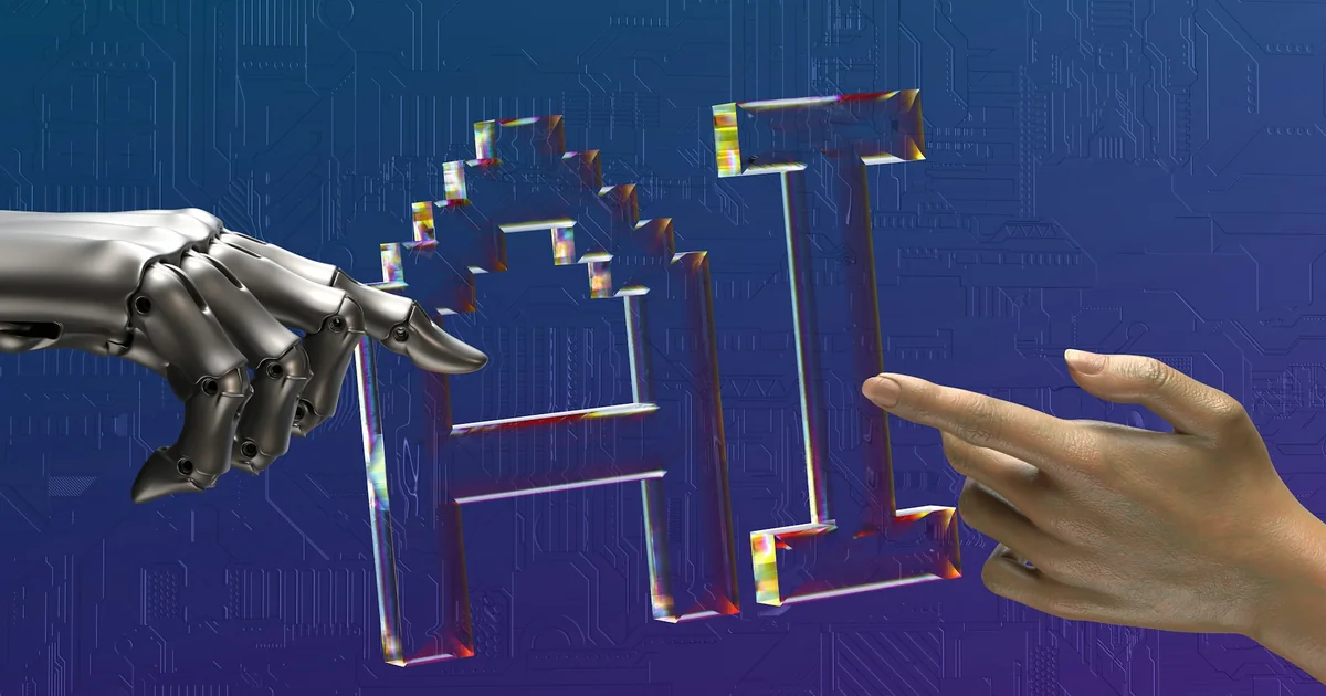 Robotic hand and human hand reaching toward glowing AI letters
